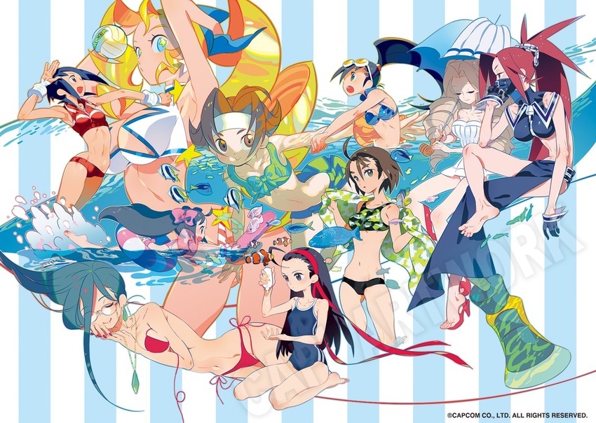 6+girls adapted_costume ahoge ayuhara_natsu bikini black_hair blonde_hair blue_bikini blue_hair breasts brown_hair butterflyfish camouflage camouflage_bikini cleavage_cutout clothing_cutout clownfish commentary_request copyright_notice drill_hair earrings fish glasses gloves headband hibiki_ran himezaki_aoi iinchou_(justice_gakuen) inflatable_armbands innertube jewelry justice_gakuen karuizawa_momo kazama_akira kirishima_yurika light_brown_hair long_hair mask minazuki_kyouko multiple_girls necklace official_art one-piece_swimsuit parasol parrotfish ponytail red_bikini red_footwear red_hair regal_blue_tang sandals second-party_source sidelocks sleeping star-shaped_pupils star_(symbol) surgeonfish swim_ring swimsuit symbol-shaped_pupils take_(illustrator) tiffany_lords towel tropical_fish twin_drills twintails umbrella volleyball wakaba_hinata watermark