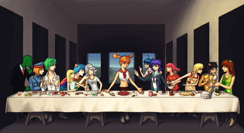 0chan 2boys 2ch.ru 6+girls ahoge animal_ears anonymous_(4chan) banhammer-tan bare_shoulders black_hair blonde_hair blue_hair bottle bow braid breasts brown_hair cake cake_slice cat_ears caterpiller-chan cleavage closed_eyes crop_top cup dobropoke dobrotan drinking_glass dvach-tan feet fine_art_parody food green_hair grey_hair hairbow highres iichan.ru indoors jpeg_artifacts key long_hair long_table mechanical_arms medium_hair mentach-chan midriff mithgirl multiple_boys multiple_girls navel nowai-chan null-sama orange_hair parody pink_hair pizza purple_hair ribbon ru-chans sailor_collar shirt short_twintails single_mechanical_arm sitting slavya-chan sleeveless standing t-shirt table the_last_supper twintails uniform unyl-chan ussr-tan window wine_glass