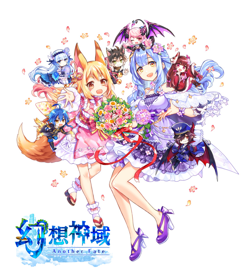 2girls animal_ear_fluff animal_ears aura_kingdom bad_id bad_pixiv_id blonde_hair blue_hair blush breasts character_request chibi commentary_request dress hair_ornament highres long_hair multiple_girls official_art ririkuto shoes tail tyr_(aura_kingdom) wings