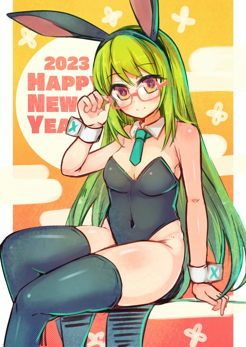 2023 animal_ears arm_support bare_shoulders black_hairband black_leotard black_thighhighs blue_necktie breasts chinese_zodiac cleavage closed_mouth collar commentary_request covered_navel detached_collar egasumi fake_animal_ears feet_out_of_frame female green_hair hairband hand_up happy_new_year highres ico_(green_bullet) kimidori_(ico) leotard long_hair medium_breasts necktie original playboy_bunny rabbit_ears red-framed_eyewear semi-rimless_eyewear short_necktie sitting smile solo strapless strapless_leotard thighhighs under-rim_eyewear very_long_hair white_collar wrist_cuffs year_of_the_rabbit