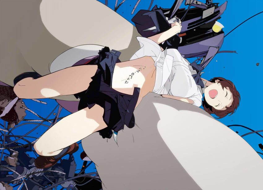 black_skirt blue_background bow bowtie brown_hair cencoroll closed_eyes female highres loafers magomago midriff miniskirt official_art open_mouth pleated_skirt school_uniform shirt shoes short_hair skirt socks solo stomach thighs translated white_shirt yuki_(cencoroll)