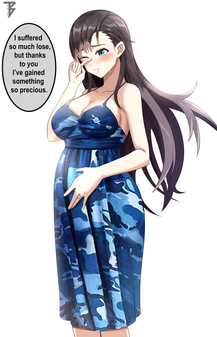 absurdres alternate_costume arizona_(azur_lane) azur_lane blue_dress blush breasts brown_hair closed_mouth commission crying dress english_text engrish_text female green_eyes hair_between_eyes hand_on_own_face hand_on_own_stomach highres jewelry large_breasts long_hair md5_mismatch multicolored_clothes multicolored_dress one_eye_closed ornate_ring pregnant ranguage resolution_mismatch ring solo source_smaller speech_bubble teardrop tears toy_bits typo wedding_ring white_background