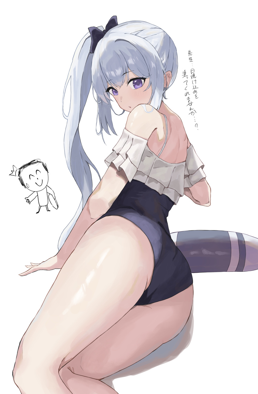 1boy absurdres ass bare_legs blue_archive blue_one-piece_swimsuit blush bow casual_one-piece_swimsuit chibi chibi_inset commentary_request doodle_sensei_(blue_archive) feet_out_of_frame female frilled_one-piece_swimsuit frills grey_hair hairbow higashiwun_izumi highres innertube long_hair looking_at_viewer miyako_(blue_archive) miyako_(swimsuit)_(blue_archive) official_alternate_costume one-piece_swimsuit partial_commentary purple_eyes sensei_(blue_archive) side_ponytail swim_ring swimsuit translated very_long_hair