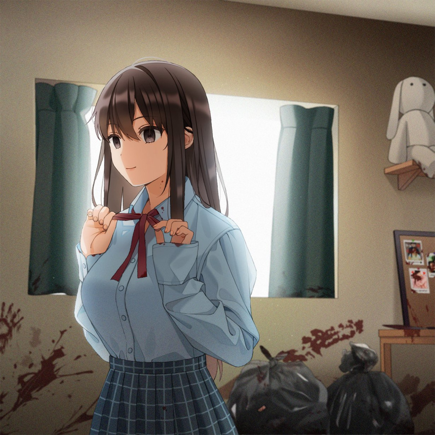 adjusting_neck_ribbon bad_id bad_twitter_id blood blood_on_clothes blood_on_wall breasts brown_eyes brown_hair bulletin_board commentary curtains drawing_(object) empty_eyes female fingernails hair_between_eyes highres indoors long_hair neck_ribbon original ribbon school_uniform skirt sleeves_past_wrists solo stuffed_animal stuffed_toy trash_bag unjem yandere