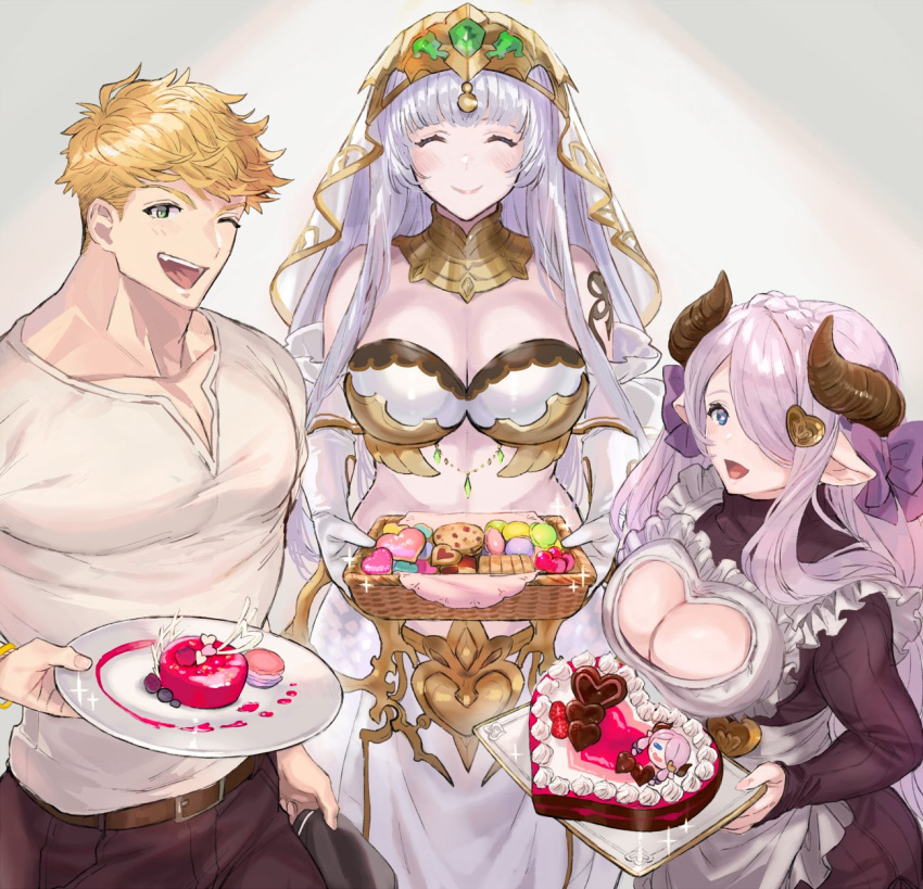 1boy 2girls apron bad_id bad_twitter_id bare_shoulders belt blonde_hair blue_eyes blunt_bangs blush bow braid breasts brown_belt brown_pants cake cleavage cleavage_cutout closed_eyes closed_mouth clothing_cutout commentary_request cookie crown_braid dessert draph echidna_(granblue_fantasy) elbow_gloves food frilled_apron frills gloves granblue_fantasy green_eyes hair_ornament hair_over_one_eye hairbow heart heart_cutout heart_hair_ornament highres holding holding_food horns jewelry large_breasts large_pectorals long_hair long_sleeves midriff migi_(mm86262394) mother's_day multiple_girls muscular muscular_male narmaya_(granblue_fantasy) narmaya_(valentine)_(granblue_fantasy) neck_ring official_alternate_costume one_eye_closed one_eye_covered open_mouth pants pectoral_cleavage pectorals pointy_ears purple_bow purple_hair ribbed_sweater shirt short_hair single_braid sleeves_past_wrists smile sparkle strapless sweater turtleneck v-neck vane_(granblue_fantasy) veil white_apron white_gloves white_hair white_shirt