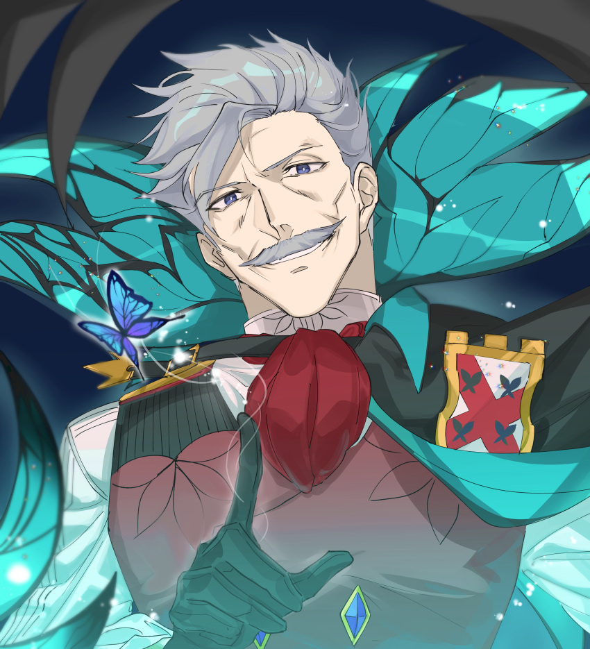 1boy absurdres banned_artist blue_eyes bug butterfly facial_hair fate/grand_order fate_(series) formal gloves grey_hair highres james_moriarty_(fate) long_sleeves looking_at_viewer male_focus mature_male moustache open_mouth shirt short_hair smile solo trstfx_(lina) vest