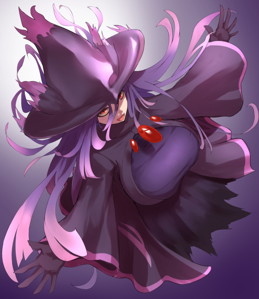 :3 arms_up bad_id bad_pixiv_id breasts commentary_request dress female from_above full_body gem gloves gradient_background gradient_hair hair_between_eyes happy hat highres large_breasts long_hair looking_at_viewer looking_up mismagius multicolored_hair open_mouth outstretched_arms ozaki_(psyozaki) partial_commentary personification pink_hair pokemon purple_background purple_dress purple_gloves purple_hair purple_hat purple_theme red_eyes red_gemstone simple_background smile solo spread_arms two-tone_hair wide_sleeves witch_hat