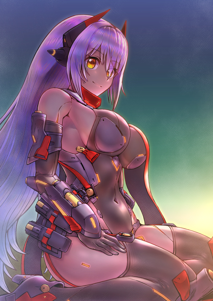 bad_id bad_pixiv_id breasts commentary_request covered_navel elbow_gloves female fukadumeasadume gloves gradient_background highres large_breasts leotard long_hair orange_eyes poppi_(xenoblade) poppi_qtpi_(xenoblade) purple_hair robot_ears sitting smile solo thighhighs wariza xenoblade_chronicles_(series) xenoblade_chronicles_2