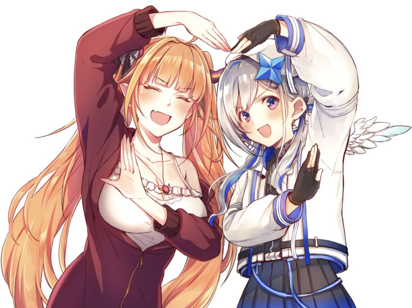 2girls 428_itsuki ahoge amane_kanata amane_kanata_(work) angel angel_wings arm_up bad_id bad_twitter_id bare_shoulders beret black_ribbon black_shirt black_skirt blonde_hair blue_eyes blue_hair blue_wings blunt_bangs blush bow breasts camisole cleavage cleavage_cutout closed_eyes clothing_cutout collarbone colored_inner_hair commentary_request diagonal-striped_bow diagonal_stripes dragon_girl dragon_horns facing_viewer feathered_wings gloves gradient_wings grey_hair hair_intakes hair_ornament hair_ribbon hand_up hat heart_arms heart_arms_duo hololive hood hood_down hooded_jacket horn_bow horn_ornament horns jacket jewelry kiryu_coco kiryu_coco_(loungewear) large_breasts long_hair long_sleeves looking_at_viewer mini_wings multicolored_hair multicolored_wings multiple_girls neck_ribbon oerba_yun_fang off_shoulder official_alternate_costume open_clothes open_jacket open_mouth orange_hair partially_fingerless_gloves partially_unzipped pendant pointy_ears red_jacket ribbon shirt sidelocks simple_background single_hair_intake skin_fang skirt spaghetti_strap star_(symbol) star_hair_ornament streaked_hair striped striped_bow track_jacket twintails upper_body virtual_youtuber white_background white_camisole white_headwear white_jacket white_wings wings zipper zipper_pull_tab