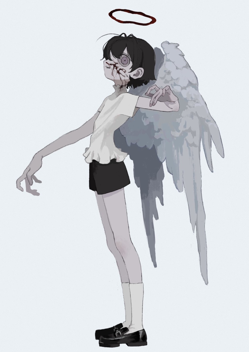 1other black_footwear black_hair black_shorts blood blood_halo blood_on_face end80236189 full_body halo hand_up highres liquid_halo original profile shirt short_hair short_sleeves shorts simple_background socks standing white_background white_shirt white_socks wings