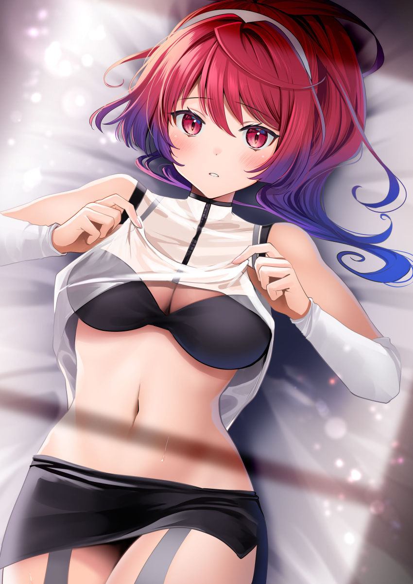 absurdres bed_sheet black_bra black_skirt blush bra breasts cleavage clothes_lift detached_sleeves female from_above gradient_hair hair_between_eyes hairband highres isurugi_neneko lifting_own_clothes long_hair long_sleeves looking_at_viewer lying medium_breasts midriff miniskirt multicolored_hair navel on_back parted_lips pencil_skirt ponytail purple_hair red_eyes red_hair see-through see-through_shirt shirt shirt_lift shuumatsu_no_harem side_slit skirt sleeveless sleeveless_shirt slit_pupils solo stomach underwear white_hairband white_shirt white_sleeves yunamaro