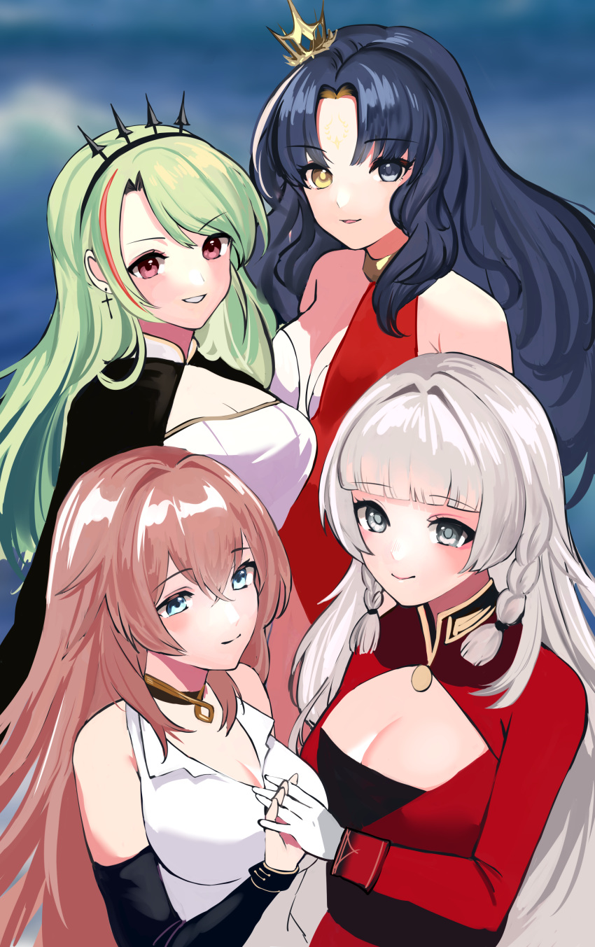 4girls absurdres azur_lane black_hair breasts crown dress green_hair grey_hair heterochromia highres holding_hands impero_(azur_lane) interlocked_fingers jacket large_breasts littorio_(azur_lane) multiple_girls pink_hair red_jacket roma_(azur_lane) sak_orz vittorio_veneto_(azur_lane) white_dress