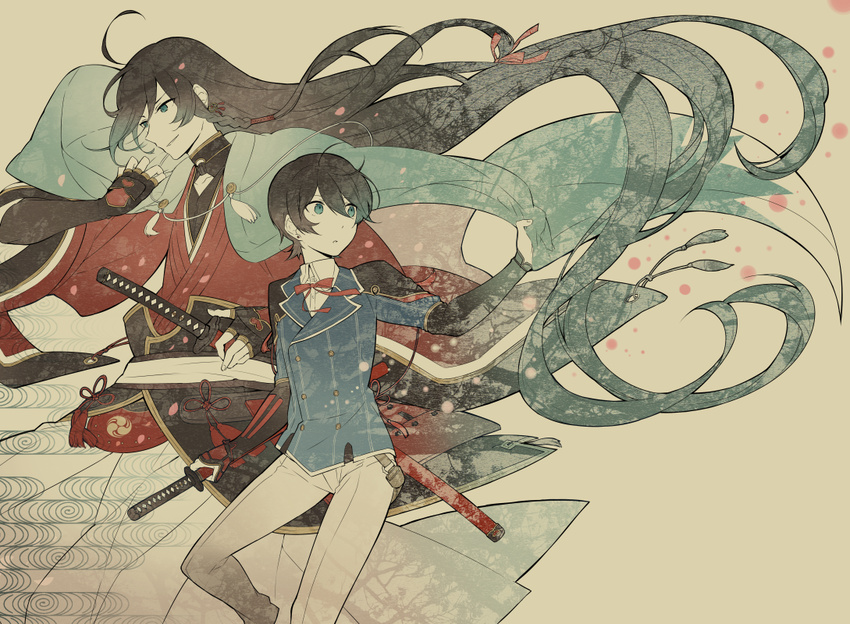 2boys absurdly_long_hair bishounen black_hair blue_eyes braid buttons cape comiket_91 commentary_request double-breasted earrings flower_knot hakama hakama_skirt hanokage horikawa_kunihiro izumi-no-kami_kanesada japanese_clothes jewelry katana long_hair male_focus multiple_boys muted_color petals ribbon shinsengumi side_braid skirt smile sword tassel touken_ranbu very_long_hair wakizashi weapon