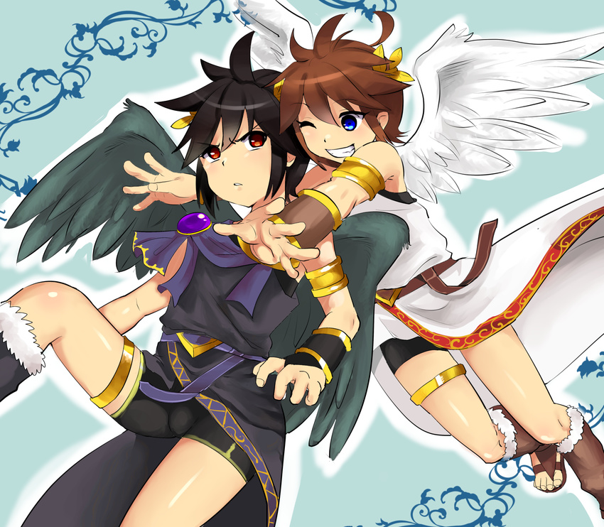 2boys angel bike_shorts bird_wings black_hair brothers brown_hair clone dark_pit highres kid_icarus kid_icarus_uprising kouta_(privia4) lolicon male male_focus multiple_boys pit_(kid_icarus) red_eyes sandals short_hair shorts siblings simple_background sitting smile toga wings wreath