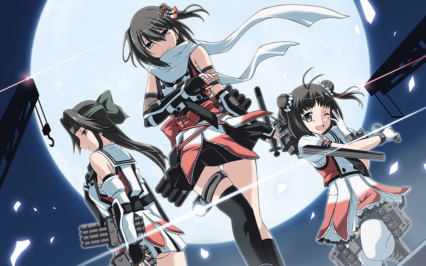 3girls aircraft_catapult asymmetrical_legwear bare_shoulders black_eyes black_gloves black_hair black_skirt black_socks black_thighhighs choukou_sennin_haruka commentary_request crane_(machine) double_bun elbow_gloves fingerless_gloves frilled_skirt frills full_moon gloves hair_bun hair_ornament headband holding holding_torpedo jintsuu_(kancolle) jintsuu_kai_ni_(kancolle) kantai_collection long_hair looking_at_viewer machinery md5_mismatch microphone moon multiple_girls naka_(kancolle) naka_kai_ni_(kancolle) neckerchief night night_sky parody photoshop_(medium) pleated_skirt sailor_collar scarf sendai_(kancolle) sendai_kai_ni_(kancolle) short_hair skirt sky smile socks thighhighs tokino torpedo uneven_legwear white_gloves white_legwear white_scarf white_skirt