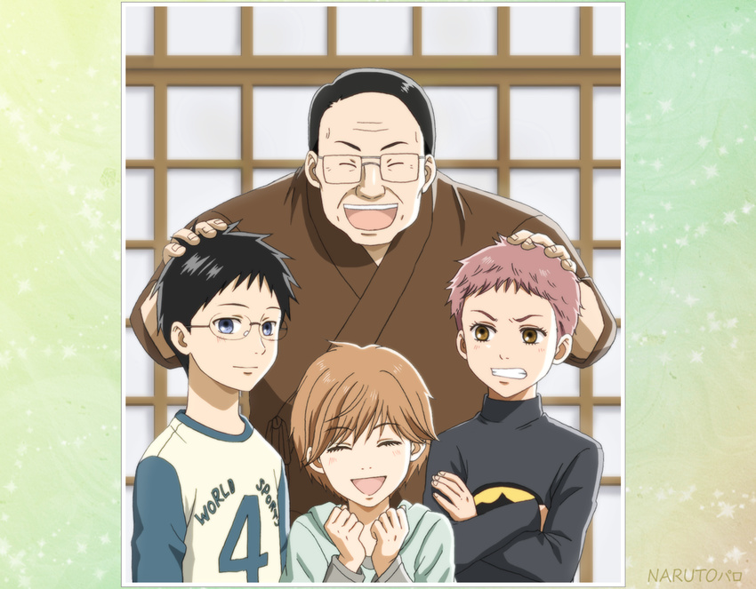 3boys :d aged_down ayase_chihaya black_hair blue_eyes brown_eyes chihayafuru clenched_teeth closed_eyes commentary_request facing_viewer female glasses hands_up harada_hideo indoors lolicon looking_at_viewer mashima_taichi matatabi_(ygwkw8kh21n12mx3fdjb) multiple_boys official_style open_mouth shirt smile t-shirt teeth wataya_arata