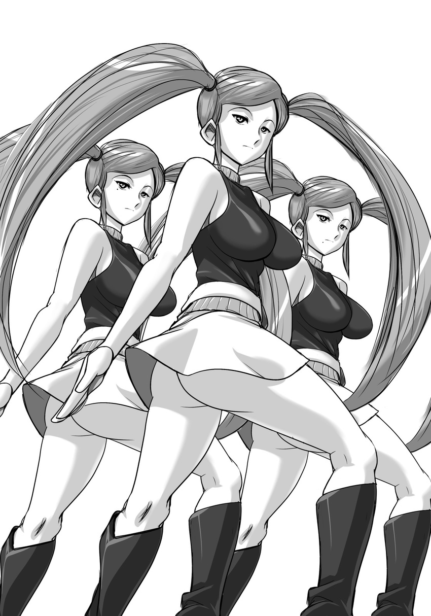 3girls android ass bare_shoulders belt boots breasts female gamia_q highres hikawadou long_hair mazinger_z monochrome multiple_girls no_panties robot robot_girl skirt turtleneck twintails very_long_hair