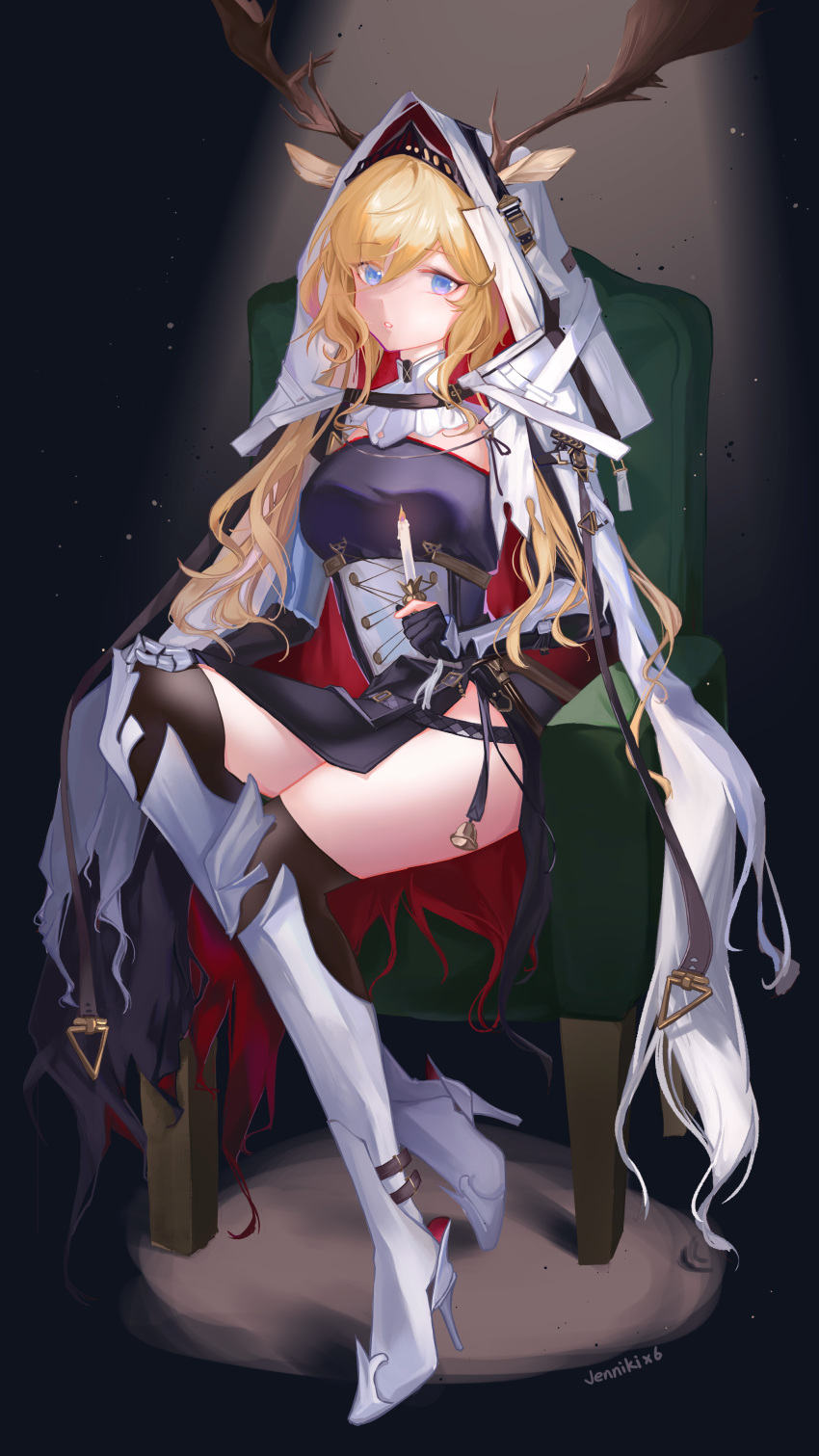 absurdres animal_ears antlers arknights armor artist_name black_dress blonde_hair blue_eyes brown_thighhighs candle cape couch dress female full_body hair_between_eyes hand_on_own_knee highres holding holding_candle hood hood_up hooded_cape horns long_hair looking_at_viewer over-kneehighs parted_lips sabaton short_dress sitting solo thighhighs vambraces viviana_(arknights) white_cape wumimiao