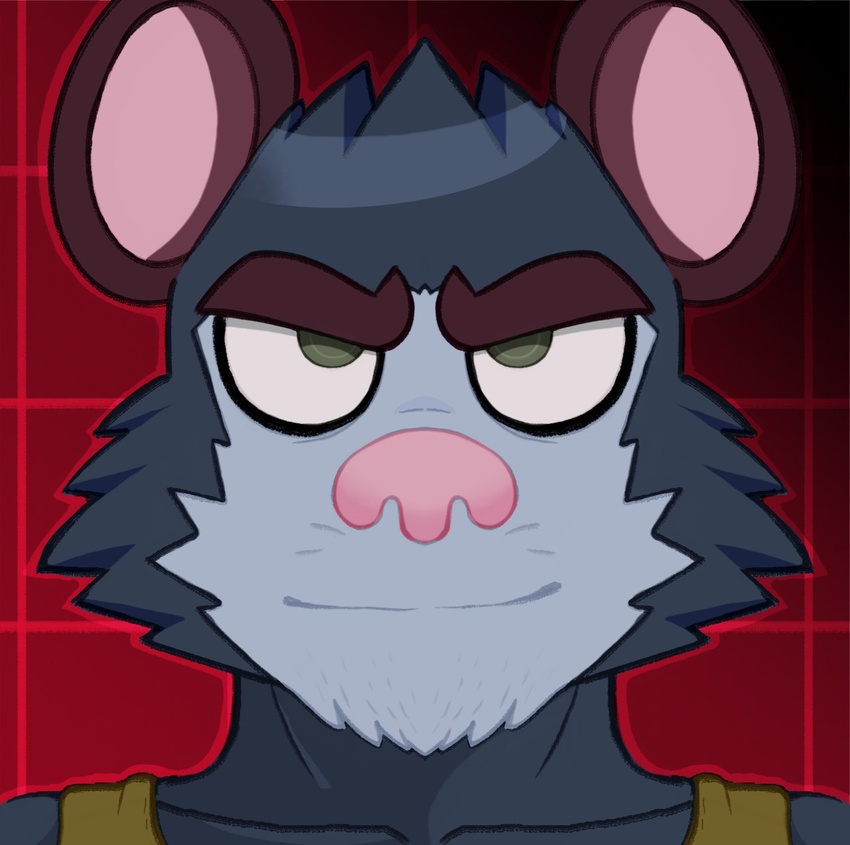 2020 american_opossum anthro bowserboy101 clothing digital_media_(artwork) eyebrows fur geometric_background green_eyes grey_body grey_fur grid_background hi_res lorenzo_(bowserboy101) male mammal marsupial pattern_background pink_nose red_background shirt simple_background smile solo tank_top thick_eyebrows topwear