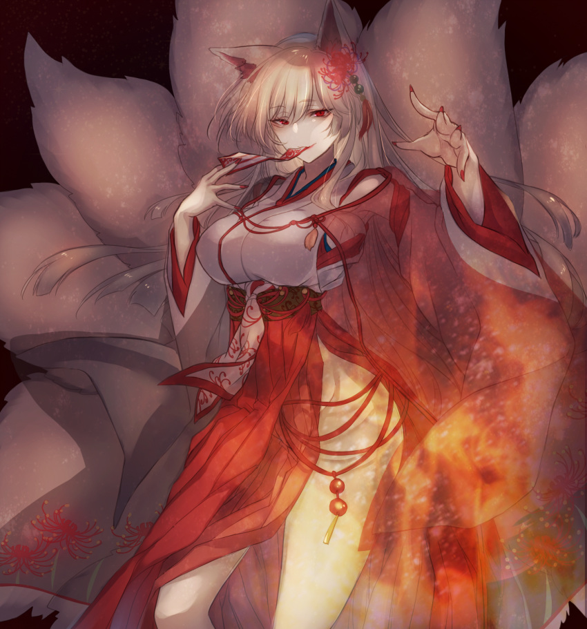 animal_ears between_fingers blonde_hair breasts female fingernails fire floral_print flower flower_knight_girl fox_ears fox_girl fox_tail groin hair_ornament hand_up hands_up higanbana_(flower_knight_girl) highres holding kitsune kyuubi large_breasts long_fingernails long_hair looking_at_viewer mouth_hold multiple_tails name_connection no_panties object_namesake ofuda ofuda_between_fingers reaching reaching_towards_viewer red_eyes red_flower red_nails sharp_fingernails solo spider_lily spider_lily_print tail talisman wide_sleeves yononaka