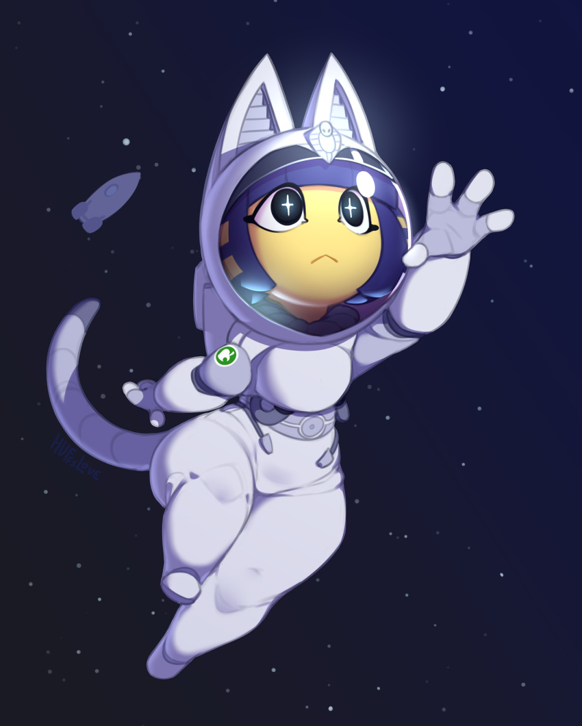 2022 4_fingers :< animal_crossing ankha_(animal_crossing) anthro astronaut bangs big_eyes biped black_eyes blonde_hair blue_hair bob_cut clothed clothing domestic_cat english_text eyelashes felid feline felis female fingers floating front_view full-length_portrait fully_clothed fur hair hi_res huffslove long_tail makeup mammal mascara multicolored_hair nintendo noseless portrait pupils signature solo space spacecraft spacesuit tail text unusual_pupils uraeus vehicle white_clothing wide_eyed wide_hips yellow_body yellow_fur zero_gravity