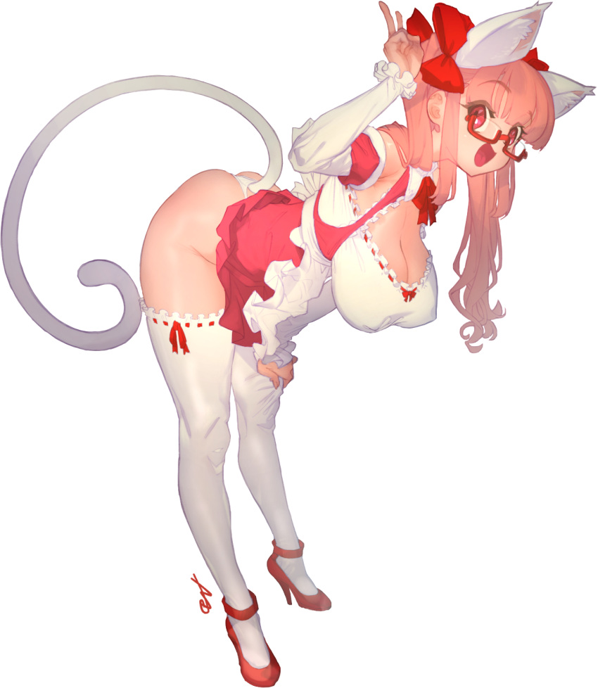 animal_ear_fluff animal_ears ass bare_shoulders bent_over borrowed_character bow breasts cleavage covered_nipples detached_sleeves female fingernails frilled_thighhighs frills glasses gradient grey_background hairbow high_heels highres large_breasts long_hair looking_at_viewer mamorunokoto open_mouth original panties red-framed_eyewear red_bow red_eyes red_footwear red_ribbon ribbon signature solo srco tail thighhighs tongue transparent_background twintails underwear v white_panties white_thighhighs