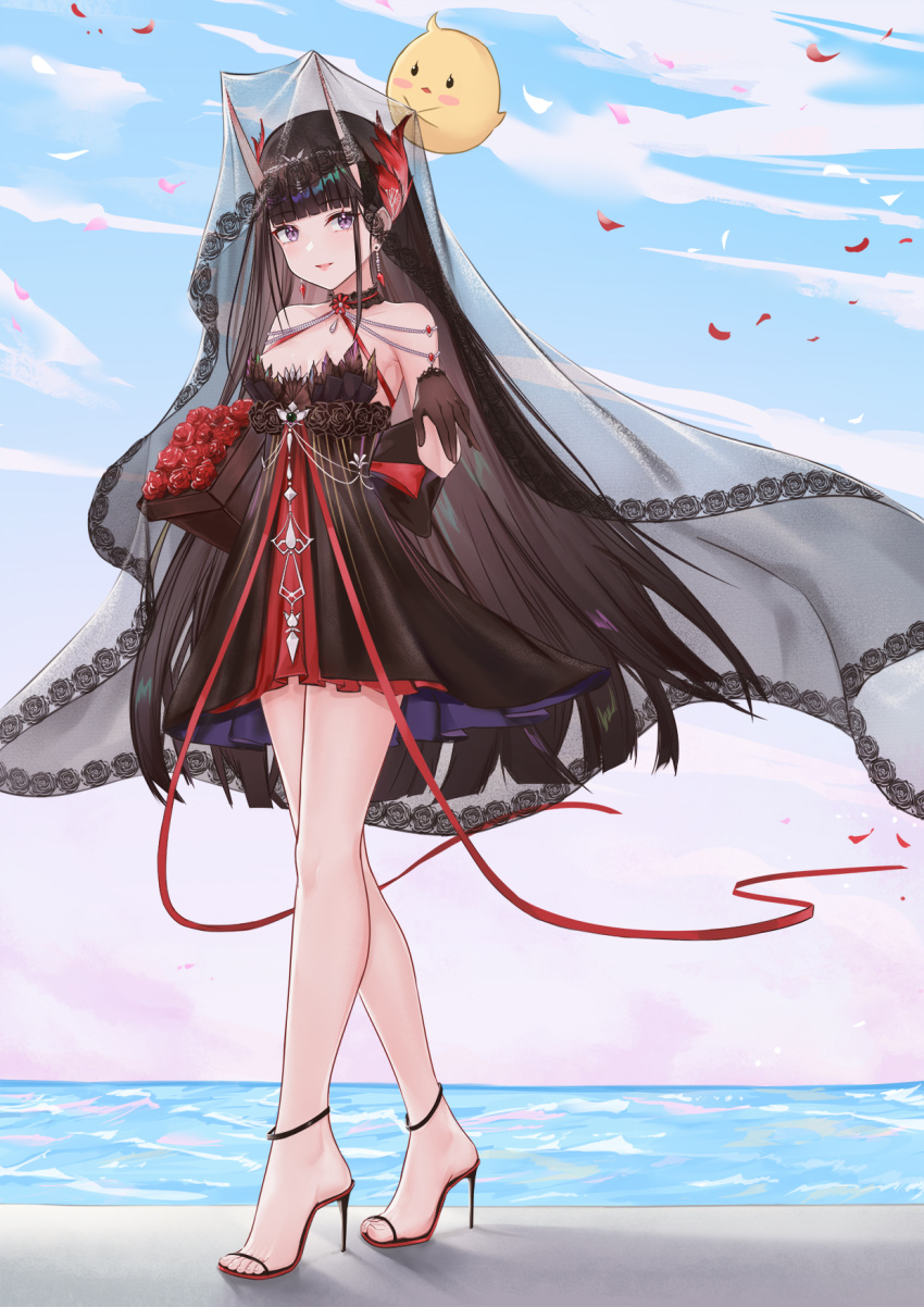 azur_lane bare_legs black_dress black_gloves black_hair blunt_bangs breasts commentary_request day dress earrings female full_body gloves hair_ornament high_heels highres horns jewelry lim_(ramu) long_hair looking_at_viewer manjuu_(azur_lane) medium_breasts noshiro_(a_tale_of_two_lovers)_(azur_lane) noshiro_(azur_lane) official_alternate_costume oni_horns panties petals sandals smile solo standing underwear veil very_long_hair