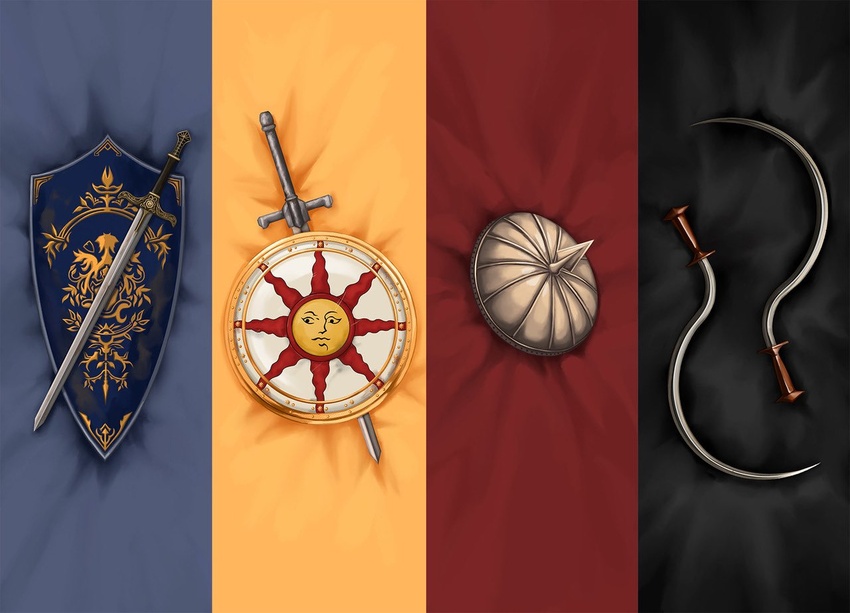 dakimakura_(medium) dark_souls_(series) dark_souls_i elzarth emblem english_commentary knight_lautrec_of_carim knight_of_astora_oscar no_humans shield shotel siegmeyer_of_catarina solaire_of_astora spiked_shield sun_symbol sword weapon weapon_focus