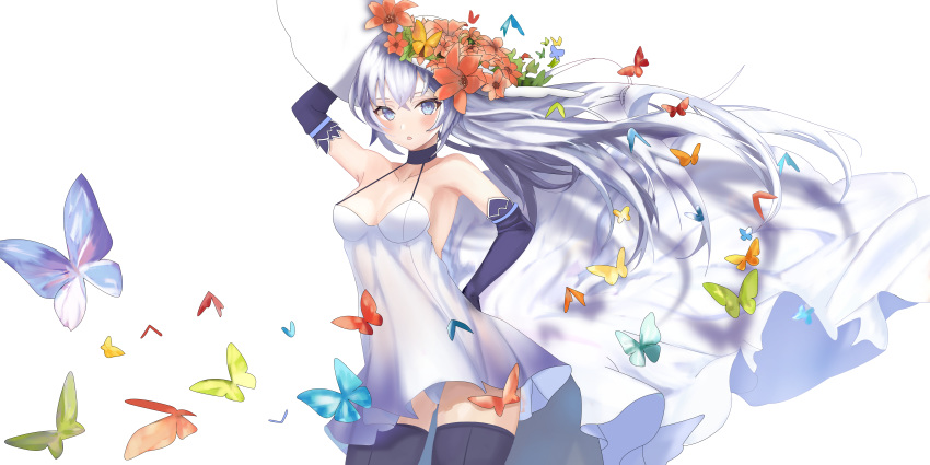 absurdres arm_up armpits bare_shoulders blue_eyes blue_gloves blue_oath blue_thighhighs breasts bug butterfly choker collarbone cowboy_shot dress elbow_gloves female floating_hair flower gloves halter_dress halterneck hand_on_own_hip hat hat_flower highres jervis_(blue_oath) kejirion long_dress long_hair looking_at_viewer panties parted_lips simple_background sleeveless sleeveless_dress small_breasts solo spaghetti_strap standing sun_hat thighhighs underwear very_long_hair white_background white_dress white_hair white_hat white_panties