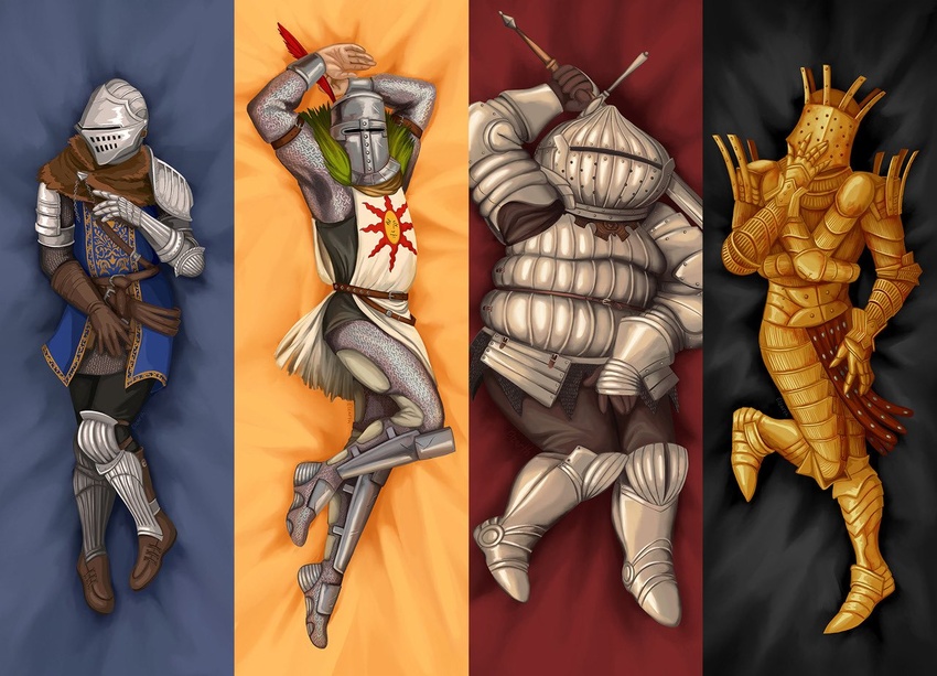 4boys arm_up armet armor armored_boots arms_up belt boots breastplate brown_footwear brown_gloves brown_pants chainmail chains chausses commentary couter cuisses dakimakura_(medium) dark_souls_(series) dark_souls_i elzarth english_commentary full_armor full_body gauntlets gloves gold_armor great_helm greatsword greaves helm helmet holding holding_sword holding_weapon knight knight_lautrec_of_carim knight_of_astora_oscar looking_at_viewer male_focus multiple_boys pants pauldrons plate_armor poleyn sabaton shoulder_armor siegmeyer_of_catarina solaire_of_astora sun_print sword tabard vambraces weapon white_tabard zweihander