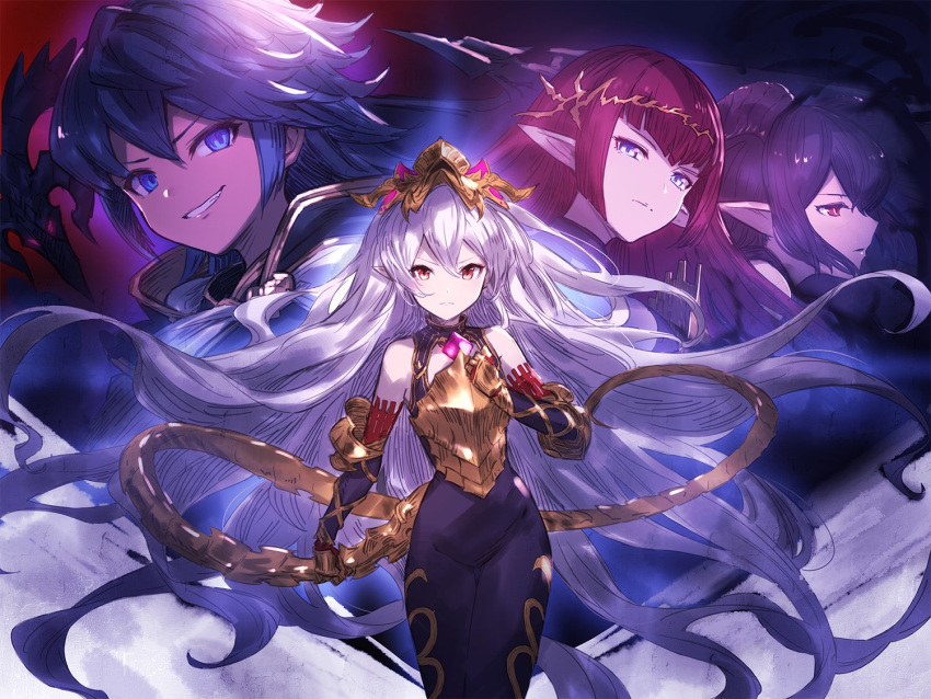 bare_shoulders blue_eyes blue_hair bodysuit cape chest_armor crown diamond_(gemstone) euryale_(shingeki_no_bahamut) evil_grin evil_smile eyeshadow feet_out_of_frame flat_chest floating_hair geo_(granblue_fantasy) gloves granblue_fantasy grin hair_between_eyes hair_ornament hand_on_own_chest horns light_purple_hair long_hair looking_afar looking_at_viewer looking_away looking_to_the_side makeup medusa_(shingeki_no_bahamut) minaba_hideo multicolored_background official_art open_mouth pointy_ears red_eyes red_eyeshadow serious smile stheno_(shingeki_no_bahamut) tail