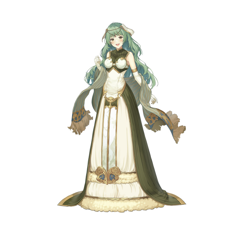 absurdres bare_shoulders blush breasts commentary_request dress elbow_gloves female fire_emblem fire_emblem_echoes:_shadows_of_valentia fire_emblem_heroes full_body fur_trim gloves green_eyes green_hair hair_ornament hand_up haru_(hiyori-kohal) head_tilt highres long_dress looking_at_viewer medium_breasts official_art open_mouth simple_background sleeveless smile solo standing tatiana_(fire_emblem) white_background white_gloves