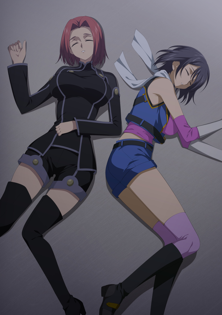 2girls absurdres belt black_belt black_footwear black_hair black_jacket black_shorts black_skirt black_thighhighs blue_shorts closed_eyes code_geass commission cropped_jacket high_heels highres jacket kousaka_ayano kouzuki_kallen long_sleeves lying multiple_girls on_back on_ground on_side purple_shirt purple_thighhighs red_hair scarf shirt short_hair shorts skeb_commission skirt sleeping sleeveless sleeveless_jacket thighhighs unconscious white_scarf yu-ta