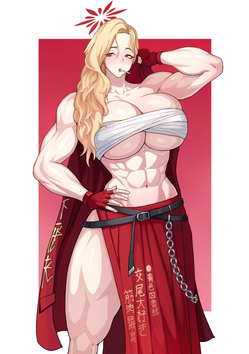 abs akemi_(blue_archive) blue_archive breasts chains chest_sarashi collarbone delinquent female flexing gloves halo highres kongman99 mole mole_under_eye muscular muscular_female navel red_gloves red_halo sarashi solo sukeban