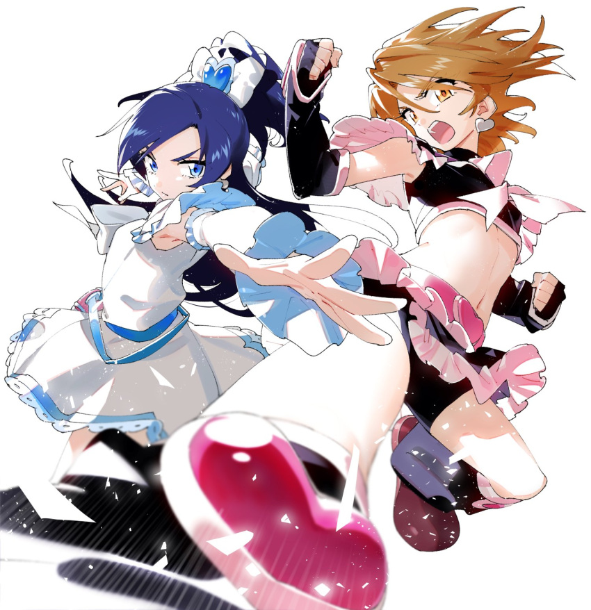 2girls bike_shorts black_shorts black_tank_top blue_eyes blue_hair bow brown_eyes brown_hair commentary crop_top cure_black cure_white detached_sleeves dress earrings fighting_stance frilled_dress frills futari_wa_precure hairbow heart heart_earrings highres incoming_attack jewelry long_hair looking_at_viewer midriff minakata_sunao misumi_nagisa multiple_girls navel precure short_hair shorts tank_top white_bow white_dress yukishiro_honoka