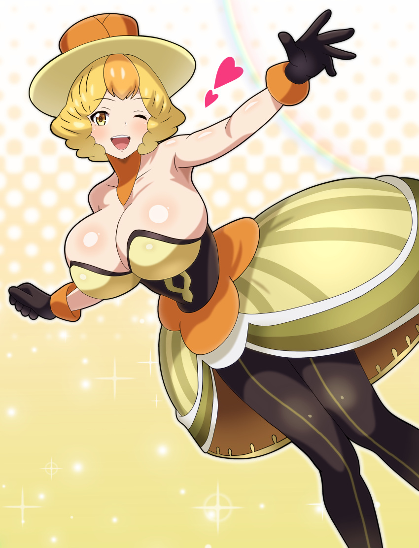 absurdres alternate_breast_size bare_shoulders black_gloves black_pantyhose blonde_hair blush breasts dress drill_hair female gloves hat heart highres hitokiwa_kenchin large_breasts looking_at_viewer multicolored_clothes multicolored_hair nita_(pokemon) one_eye_closed open_mouth orange_hair orange_hat pantyhose pokemon pokemon_xy short_hair smile solo spoken_heart top_hat yellow_dress yellow_hat