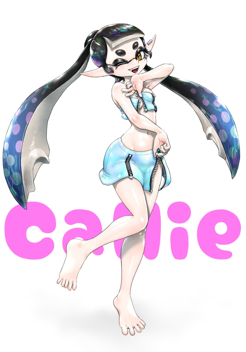 ;d bare_shoulders barefoot black_hair blue_hair blue_skirt blue_tube_top blunt_bangs breasts callie_(splatoon) character_name commentary_request earclip fangs feet female full_body gradient_hair groin highres holographic_clothing inkling koharu2.5 long_hair long_pointy_ears midriff miniskirt mole mole_under_eye multicolored_hair navel official_alternate_costume one_eye_closed open_mouth pencil_skirt pointy_ears red_pupils sidelocks skirt smile solo splatoon_(series) splatoon_3 standing standing_on_one_leg strapless suction_cups tentacle_hair thick_eyebrows tube_top twintails two-tone_hair unzipping yellow_eyes zipper_pull_tab zipper_skirt