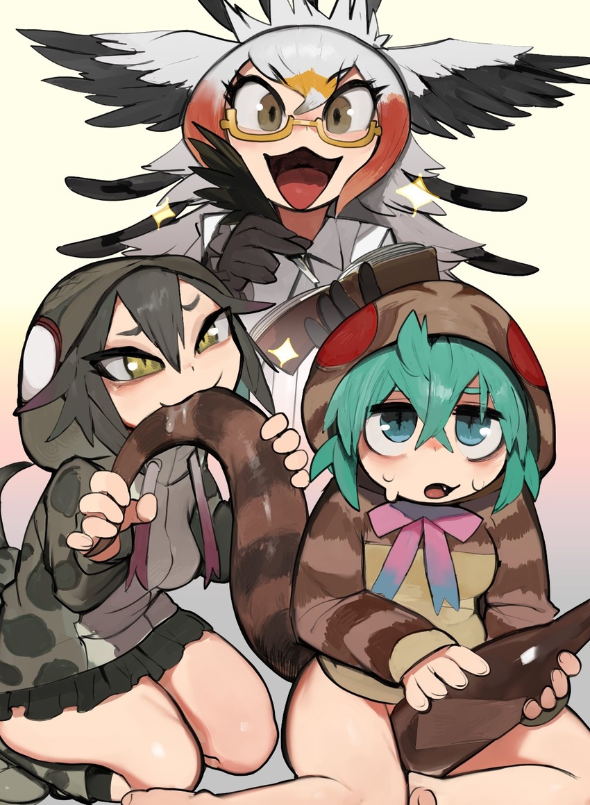 3girls aqua_eyes bare_legs barefoot behind_another bird_wings biting black_hair blue_ribbon bottle bottomless brown_eyes cardigan drawstring feathers furrowed_brow gloves grabbing gradient_background gradient_ribbon green_hair grey_hair hair_between_eyes head_wings highres holding holding_feather holding_notebook hood hood_up hooded_cardigan hoodie jacket kemono_friends long_hair long_sleeves looking_at_another looking_at_viewer looking_up microskirt multicolored_hair multiple_girls neck_ribbon notebook okinawa_habu_(kemono_friends) orange_hair pink_ribbon raichiyo red_hair ribbon saliva secretarybird_(kemono_friends) sitting skirt slit_pupils smile snake_girl snake_tail striped_clothes striped_hoodie striped_tail sweat tail tail_garter tsuchinoko_(kemono_friends) wings yellow_eyes