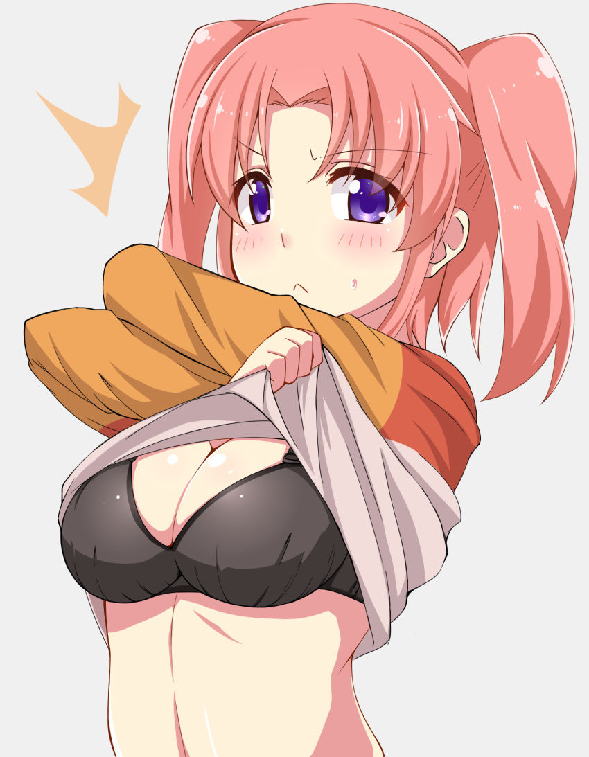 :< ^^^ black_bra bra breasts cleavage closed_mouth clothes_lift commentary_request dou-t female grey_background highres large_breasts looking_at_viewer mikakunin_de_shinkoukei purple_eyes red_hair shirt_lift short_hair simple_background solo twintails underwear undressing upper_body yonomori_kobeni