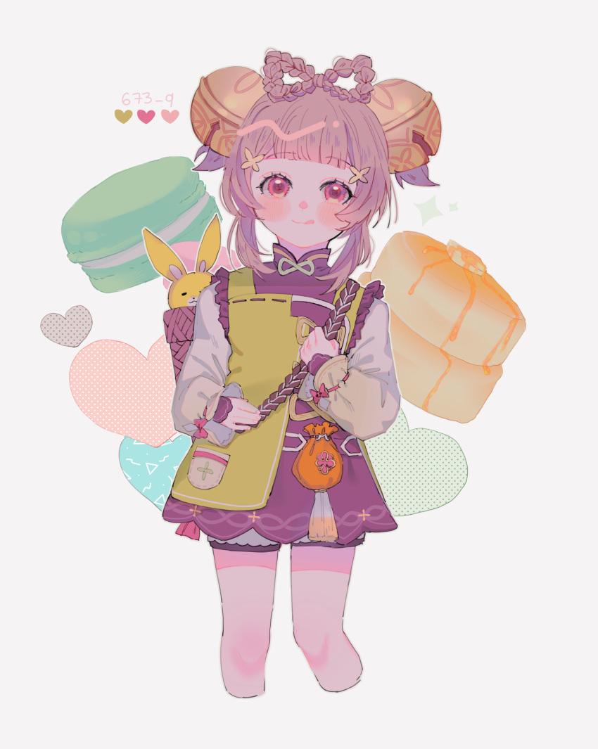 absurdres backpack backpack_basket bag basket bell blush female food genshin_impact hair_ornament hairclip heart highres long_sleeves looking_at_viewer low_twintails macaron pancake pancake_stack rabbit simple_background souffle_(food) souffle_pancake superdiviatomic tongue tongue_out twintails white_background yaoyao_(genshin_impact) yellow_eyes yuegui_(genshin_impact)