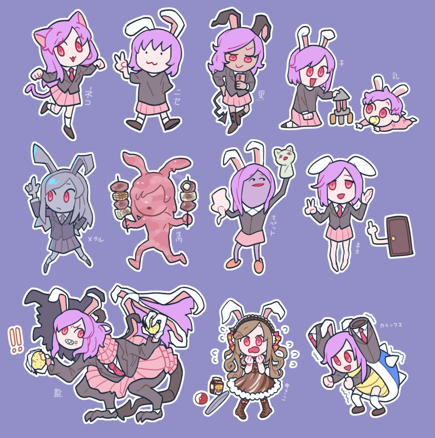 ! !! 6+girls :3 aged_down alternate_animal_ears amputee animal_ears baby bad_id bad_twitter_id black_hisui_(cookie) black_jacket black_shirt blastoise blazer blue_background blush brown_dress brown_footwear brown_hair cannon cat_ears cat_tail closed_mouth collared_shirt commentary_request cookie_(touhou) dark-skinned_female dark_skin demon_tail door dragon dragon_hisui_(cookie) dress fake_hisui_(cookie) finger_gun food frilled_dress frills full_body highres hisui_(cookie) hita_(hizokuseikogeki) jacket lolicon long_hair looking_at_viewer looking_to_the_side meat meat_hisui_(cookie) metal_hisui_(cookie) metal_skin middle_finger milk_carton multiple_girls multiple_persona open_mouth pacifier pink_skirt pleated_skirt poke_ball pokemon puppet purple_hair rabbit_ears red_eyes reisen_udongein_inaba shirt shoes simple_background skirt smile socks swept_bangs t-shirt tail tan touhou translated v white_legwear white_shirt yakiniku