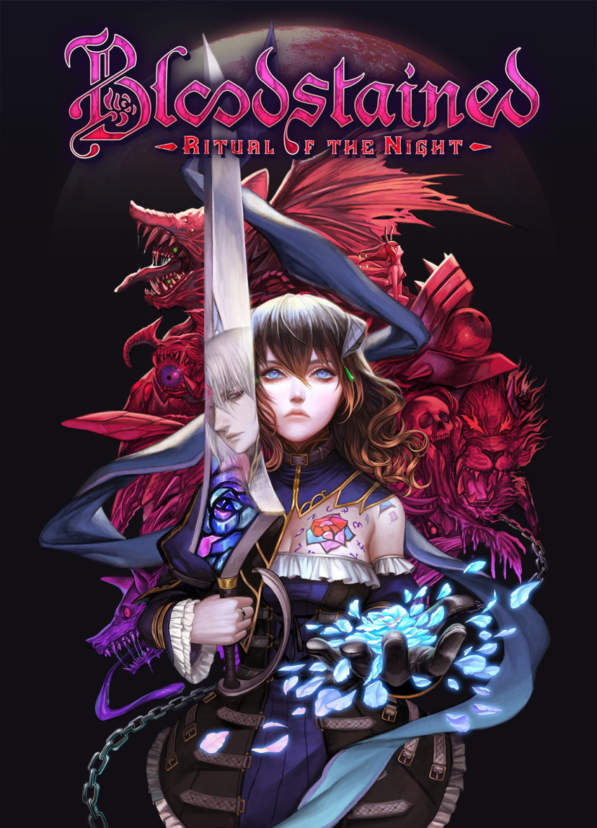 black_hair bloodstained:_ritual_of_the_night blue_eyes breasts brown_hair commentary detached_sleeves english_commentary female flower gauntlets gebel_(bloodstained) gradient_hair hair_between_eyes hair_ornament highres horns ikeda_mana miriam_(bloodstained) monster multicolored_hair official_art pale_skin petals reflection short_hair stained_glass sword tattoo vusc weapon