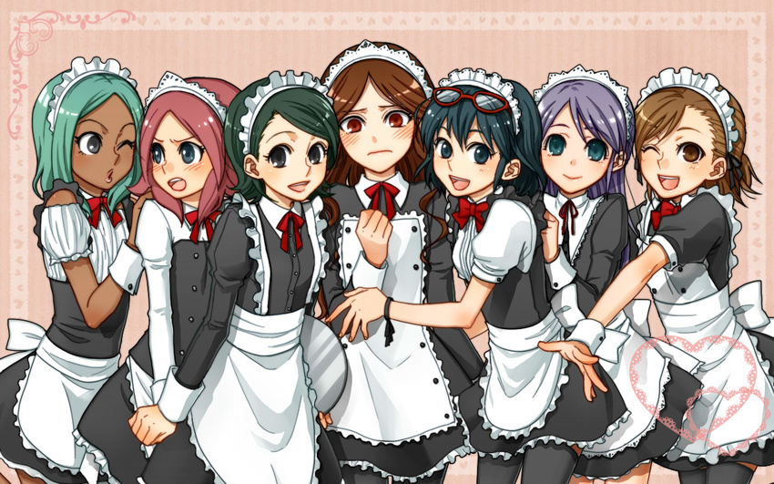 6+girls bad_id bad_pixiv_id blush brown_eyes brown_hair chihiro_(onigiri) dark-skinned_female dark_skin eyewear_on_head flat_chest green_eyes green_hair heart inazuma_eleven inazuma_eleven_(game) inazuma_eleven_(series) kino_aki kudou_fuyuka looking_at_viewer looking_back maid maid_headdress multiple_girls one_eye_closed ootani_tsukushi open_mouth otonashi_haruna purple_hair raimon_natsumi red_eyes smile thighhighs urabe_rika zaizen_touko