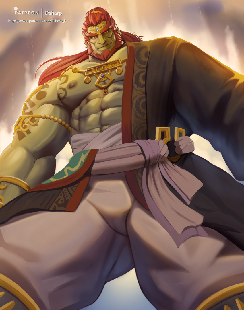 1boy abs absurdres ass_visible_through_thighs bara bare_pectorals beard cheekbones colored_skin cowboy_shot dsharp facial_hair ganondorf green_skin highres huge_eyebrows jewelry large_pectorals long_hair male_focus mature_male muscular muscular_male navel nipples pectorals pointy_ears red_hair smile solo standing the_legend_of_zelda the_legend_of_zelda:_tears_of_the_kingdom thick_beard