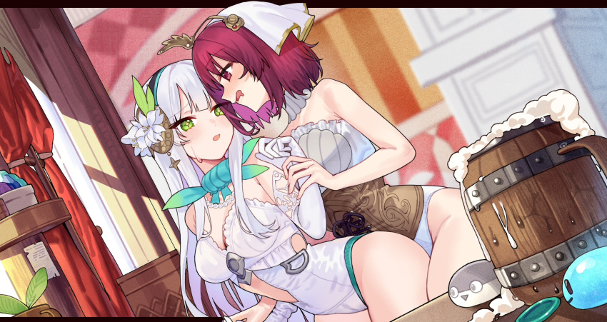 atelier_(series) atelier_sophie blush commentary_request drooling dutch_angle elbow_gloves fish flower gloves green_eyes hair_flower hair_ornament highres holding_another's_wrist indoors leotard long_hair looking_at_another mouth_drool plachta red_eyes red_hair ryuuno6 sacabambaspis short_hair sophie_neuenmuller star-shaped_pupils star_(symbol) sweatdrop symbol-shaped_pupils tankard white_gloves white_hair white_leotard