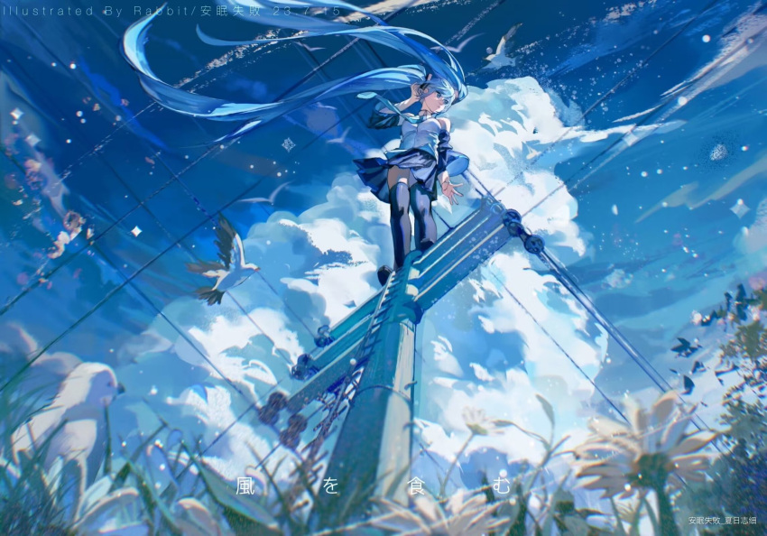 absurdly_long_hair arm_at_side artist_name bare_shoulders bird black_footwear black_skirt black_sleeves blue_eyes blue_hair blue_necktie blue_sky boots cloud cloudy_sky collared_shirt cumulonimbus_cloud dated detached_sleeves female flower from_below grass hand_on_headwear hatsune_miku headset highres jiatu long_hair long_sleeves looking_to_the_side miniskirt necktie on_top_of_pole outdoors pleated_skirt power_lines procreate_(medium) shirt skirt sky sleeveless sleeveless_shirt solo thigh_boots twintails utility_pole very_long_hair vocaloid watermark white_bird white_flower white_shirt wide_shot