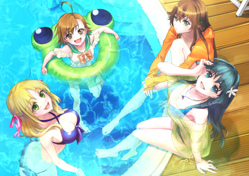 4girls :d adjusting_hair ahoge bikini black_hair blonde_hair blue_bikini blue_eyes breasts brown_eyes brown_hair brown_jacket cleavage commentary_request estelle_rosenthal flower from_above green_eyes hair_flower hair_ornament highres innertube jacket large_breasts last_order_(toaru_majutsu_no_index) looking_at_viewer mole mole_under_eye multiple_girls outdoors partially_submerged pool poolside purple_bikini saten_ruiko see-through see-through_shirt shirt short_hair sleeves_past_wrists smile swim_ring swimsuit toaru_kagaku_no_accelerator toaru_kagaku_no_railgun toaru_majutsu_no_index tsubame8982 yakumaru_itsuki