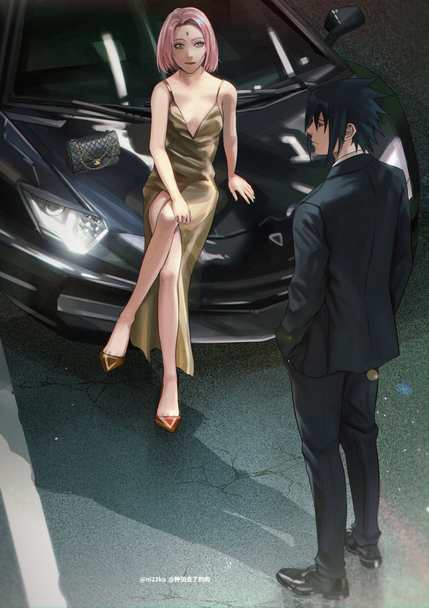 1boy absurdres alternate_universe artist_name black_footwear black_hair black_jacket boruto:_naruto_next_generations breasts car cleavage closed_mouth contemporary crossed_legs female formal full_body gold_dress green_eyes hand_in_pocket high_heels highres husband_and_wife jacket looking_at_another looking_at_viewer motor_vehicle naruto_(series) niku_(ni23ku) pink_hair rinnegan sakura_haruno shadow short_hair sitting small_breasts spiked_hair sports_car standing uchiha_sasuke