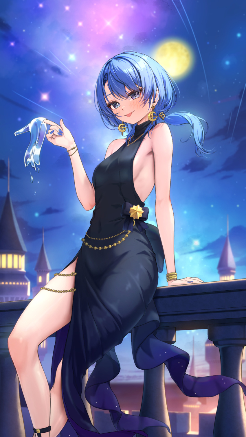 bare_shoulders black_dress blue_eyes blue_hair blue_nails blush bowsan bracelet breasts broken_footwear covered_navel crescent crescent_earrings dress earrings female full_moon glass_footwear hair_between_eyes high_heels highres holding holding_clothes holding_footwear hololive hoshimachi_suisei jewelry long_hair looking_at_viewer moon nail_polish night night_sky on_railing railing side_slit sideboob single_hair_tube sky sleeveless_turtleneck_dress small_breasts smile solo star_(sky) star_(symbol) star_in_eye starry_sky symbol_in_eye thighs tongue tongue_out virtual_youtuber