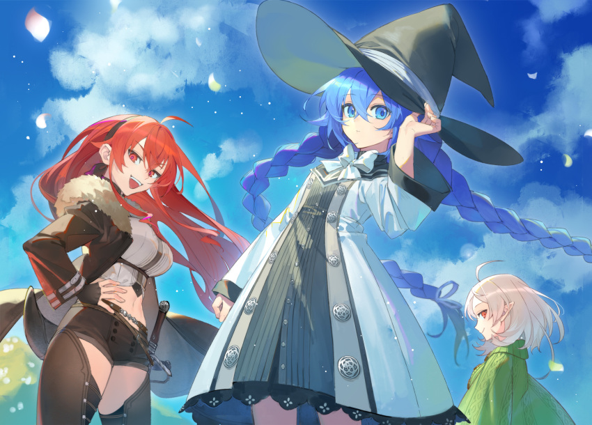 3girls :d aged_up ahoge black_gloves black_hairband black_hat black_jacket blue_eyes blue_hair blue_sky bow bowtie braid breasts brown_shorts cloak closed_mouth cloud commentary_request cover cover_page cowboy_shot cropped_shirt crossed_bangs day doujin_cover dress elf eris_greyrat fingerless_gloves flat_chest fur-trimmed_jacket fur_trim gloves green_cloak hair_between_eyes hairband hand_on_own_hip hand_up hat highres jacket large_breasts leg_warmers long_braid long_hair long_sleeves looking_at_viewer medium_breasts medium_hair midriff multiple_girls mushoku_tensei nashi_(tidal0414) navel open_clothes open_jacket open_mouth outdoors pointy_ears profile red_eyes red_hair roxy_migurdia sheath sheathed shirt short_shorts shorts sidelocks sky smile standing sword sylphiette_(mushoku_tensei) teeth thick_eyebrows twin_braids upper_teeth_only very_long_hair weapon white_bow white_bowtie white_dress white_hair white_shirt witch_hat